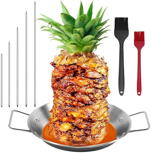 Al Pastor Skewer for Grill, Shawarma Skewer Stand, Stainless Steel Brazilian Vertical Spit with 5 Removable Spikes(6"/8”/10"/12”/14")& Brushes, for Tacos Al Pastor, Grill Smoker Oven BBQ