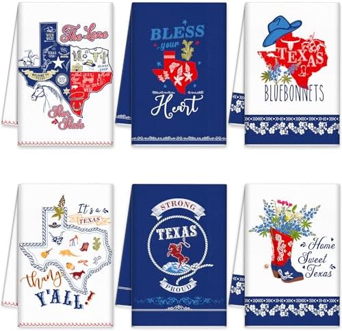 6 Pieces Texas Bluebonnets Kitchen Towels Texas Souvenirs Gifts Sweet Themed Decorative White Blue and Red Print Tea Dish Towel Decor for Home Dish and Hand Drying, 6 Styles