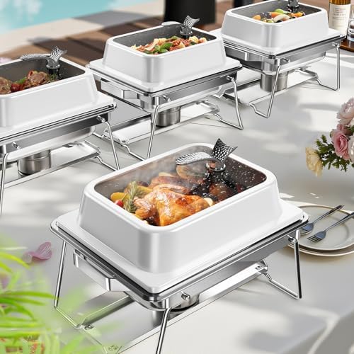 Chafing Dishes for Buffet, 4 Pack 5QT Square Stainless Steel Chafing Dish Set for Home Parties, Christmas Gatherings, Catering Events Complete Buffet Warmer Set (White)