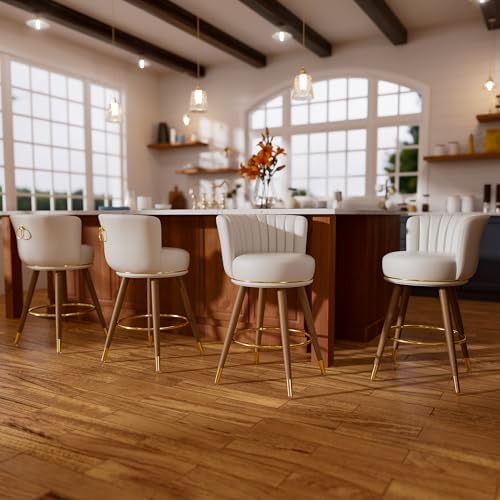 Counter Height Bar Stools Set of 4, Swivel BarStools with Back, 24" H Seat Height Upholstered Kitchen Stools with Wood Legs and Footrest, White Bar Chairs for Kitchen Island, 300lbs