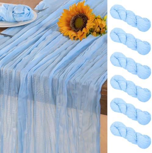 Baby Blue Cheesecloth Table Runner 6 Pack Summer Sheer Light Blue Cheese Cloth Table Runners Boho Gauze 120 Inches Gauze Summer Table Decorations for Wedding Bridal Baby Boy Shower Birthday