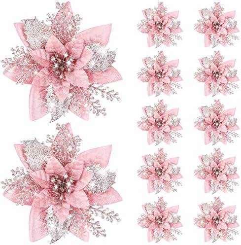 12 Pieces 5.7 Inch Christmas Poinsettia Flower Christmas Glitter Artificial Flower with Clip Xmas Tree Ornament for Home Wreath Garland Party Decor (Rose Gold)