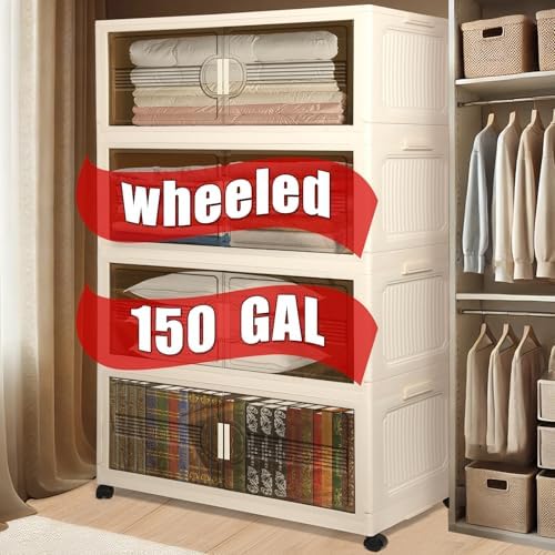150GAL/600QT Large Storage Bins with 2 Lids, Stackable Collapsible Storage Bins with 8 Wheels & 2 Lids, Closet Organizers and Storage, 4 Packs Folding Plastic Clothes Storage Cabinet for Home Office