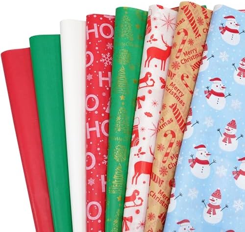 80 Sheets Christmas Tissue Paper for Gift Bags, 20" x 20" Red Green White Wrapping Tissue Paper with 8 Different Designs for Christmas Gift Wrapping Holiday Decoration DIY Craft