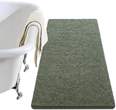 LOCHAS Luxury Bathroom Rug Shaggy Bath Mat 24 x 48 Inch, Washable Non Slip Bath Rugs for Bathroom Shower, Soft Plush Chenille Absorbent Carpets Mats, Sage Green