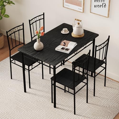 Vipbear Kitchen Dining Table Set for 4, 5-Piece Kitchen Table Set,Dining Room Table Sets,Rectangular Kitchen Table Set with 4 Chairs for Small Space, Dinette,Apartment,Rustic Black