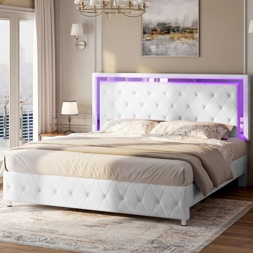 Jocisland Full Bed Frame with LED Lights Headboard&Footboard, Velvet Upholstered Full Size Platform Bed Frame No Box Spring Needed/White