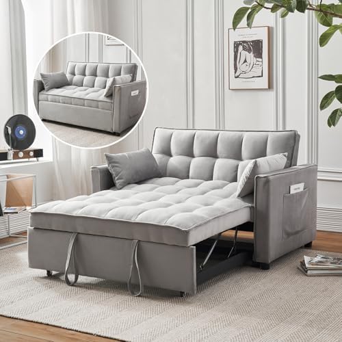 Futon Sofa Bed,Modern 3 in 1 Convertible Sleeper Sofa, Pull Out Couch Bed with Adjustable Backrest, Storage Pockets and Toss Pillows for Living Room, Bedroom (Grey)