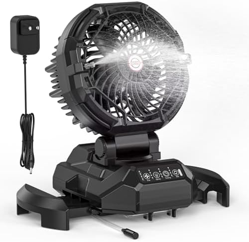 Portable Misting Fan for Outdoors Patios - 30000mAh Rechargeable Battery Powered Camping Fan, 4 Spray Mister with Timer, Fits 10-13" Bucket, 4 Speed, 90° Auto Oscillation for Garden Sports Travel Golf