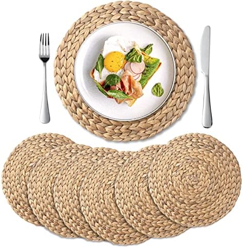 6 Pack, Round Woven Placemats, Natural Water Hyacinth Wicker Place mats, Braided Straw Table Mats for Dining Table, Fall, Halloween, Thanksgiving, Chrismats (13.8 inch)