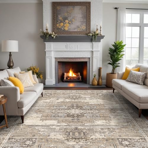RUUGME Living Room 10x12 Area Rug - Washable Lightweight Area Rug Stain Resistant Carpet Vintage Soft Rugs for Bedroom with Non Slip Backing Indoor Ultra-Thin Rugs Home Decor 10x12 Beige