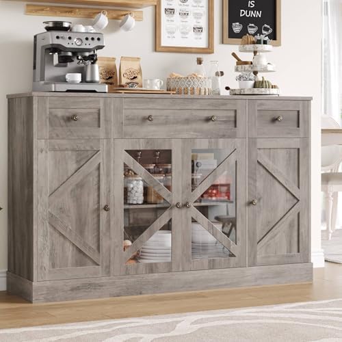 Keyluv Buffet Sideboard 55" Large Storage Cabinet 4 Doors and 3 Drawers, Farmhouse Wooden Coffee Bar Space-Saved Cupboard Furniture for Dining Room, Kitchen, Living Room, Grey Brown