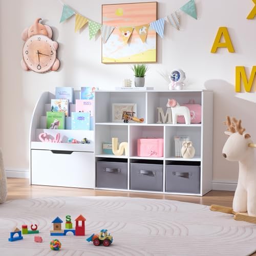 Kids Bookshelf and Toy Storage, Toy Storage Organizers with Movable Drawers & 3 Storage Bins, Kids Reading Nook Toy Organizers Shelf with 5 Cubbies, White