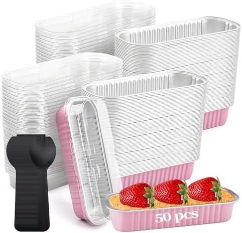 50 Pack Mini Loaf Pans with Lids and Spoons,Mini Cake Pans with Lids 6.8 oz, with Individually Wrapped Spoons，Aluminum foil Baking Containe