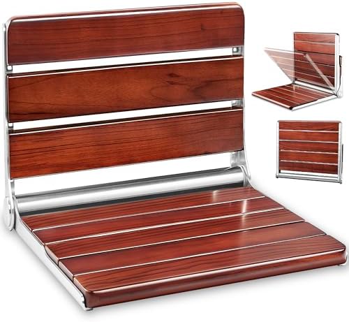 Upgraded 20" ADA Compliant Folding Teak Shower Seat Wall Mounted - Larger Teak Shower Bench, Home Care Folding Shower Seat for Inside Shower, Wall Mount Shower Chair Shower Stool, Max Load 400lb