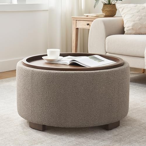 30 Inch Round Storage Ottoman Coffee Table, Modern Boucle Ottoman with Lift-Off Lid and Solid Wood Legs for Living Room, Bedroom, Corners, Apartments (Brown)