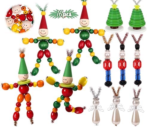 Tieshankao 16PCS Christmas Crafts DIY Beads Ornaments Kits for Adults Include Nutcracker, Angel, Elf, Tree - Xmas Holiday Toys Gifts Stocking Stuffers Decor Party Decorations Supplies(Need Assembly)