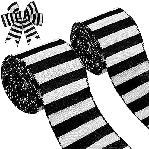 20 Yards 2 Rolls Black and White Striped Ribbon Horizontal Striped Decorative Ribbons for Halloween Decor Christmas Tree Fall Wrapping DIY Crafts Decoration(2.5 Inch Wide)