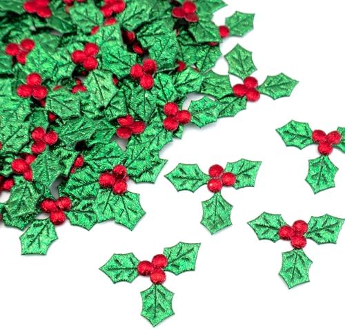 Quacc 100pcs Mini Triple Leaf Holly Berries, Christmas Simulation Holly Berries Artificial Holly Leaves for Christmas Wreath Card Gift Tags Table Decorations (3.5CM)