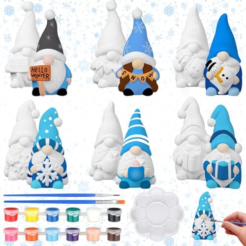 CroBlissful 6 Sets Winter Gnome Paint Your Own Ceramic Statues Ready to Paint Winter Gnome Figurines Unpainted Plaster Arts and Crafts with Brush Palette for Adults Christmas Decor