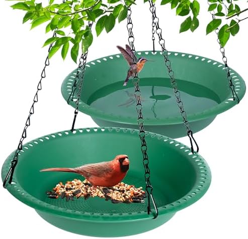 Hanging Bird Feeder and Bird Bath Tray 16 inch, Large Hanging Seed Feeder for Garden Yard Outside, (2 Pack, Green)