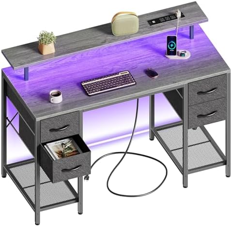 Huuger 47 inch Computer Desk with 4 Drawers, Gaming Desk with LED Lights & Power Outlets, Home Office Desk with Large Storage Space for Bedroom, Work from Home, Grey