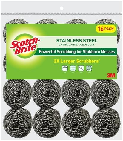 Scotch-Brite Stainless Steel Scrubbers, Durable, Ideal for Uncoated Cookware, 16 Scrubbers