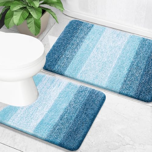 OLANLY Bathroom Rug Set 2 Piece, Soft Absorbent Microfiber Bath Mats and U-Shaped Contour Toilet Rug, Non-Slip, Machine Wash Dry, Plush Shaggy Bath Mats for Bathroom (24"x16"+24"x20", Peacock Blue)