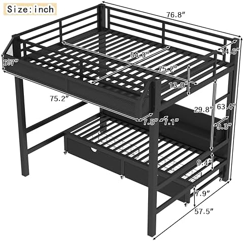 Full over Full Bunk Bed with Storage Shelves and Drawers, Metal Bunk Beds with Lights and USB Ports, Lower Bunkbed Can be Converted, for Guest Room, Bedroom, Dorms, Muti-function and Noise-Free, Black