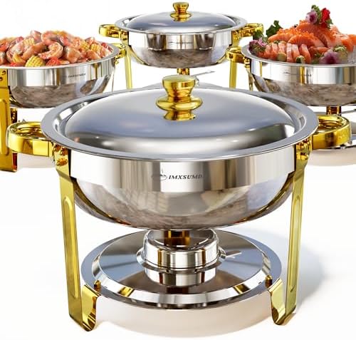 Chafing Dish Buffet Set 4 Pack, 5QT Round Chafing Dishes for Buffet, High Grade Chafers and Buffet Warmers Sets, Stainless Steel Food Warmers for Parties, Weddings, Catering,Gold and Silver
