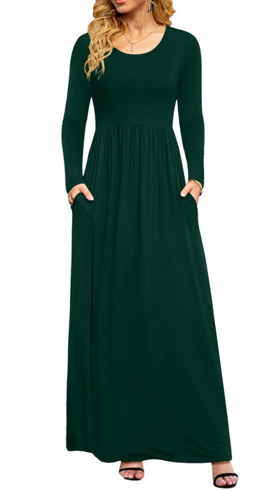 DB MOON 2025 Christmas Women Plus Size Casual Fall Long Sleeve Dark Green Maxi Dresses Empire Waist Long Dress with Pockets 3XL