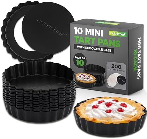 NutriChef Mini Tart Pans 10 Nonstick Molds With Removable Bottoms | 4 Inch Heavy Duty Steel Quiche Pans | Oven & Dishwasher Safe | Fluted Sides for Sweet & Savory Foods | Includes 200 Parchment Papers