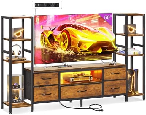 Casaottima TV Stands for 40/43/50 Inch TV, Entertainment Center with LED Lights & Power Outlets, TV Stand for Living Room with 5 Fabric Drawers, TV Console Cabinet, Rustic Brown