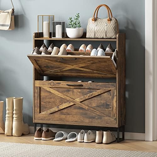 Maupvit Shoe Storage Cabinet with 2 Flip Drawers, Freestanding Shoe Organizer with Metal Legs for Entryway, Narrow Shoe Rack Cabinet, Rustic Brown