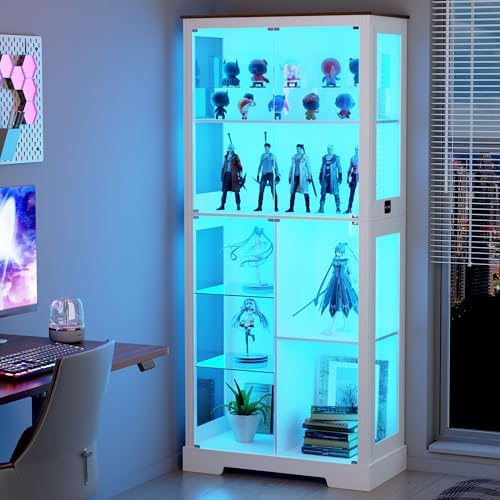 Lvifur 71” Display Cabinet with Glass Doors, Modern Curio Cabinet with 3 Color Lights, 7-Tiers Glass Display Cases for Collectibles, Tall Lego Storage Cabinet with Human Body Sensor (White)