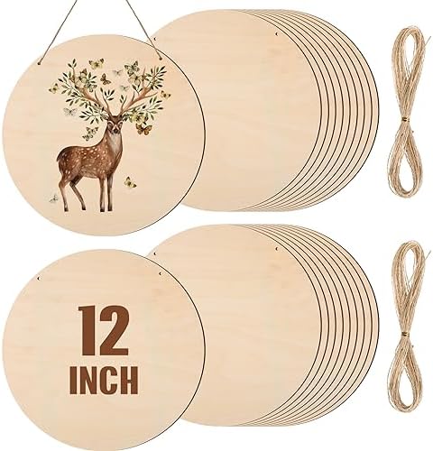 Suzile 20 Pcs 12 Inch Wood Rounds for Crafts Unfinished Blank Wooden Circle Signs Discs for DIY Christmas Home Decor Painting Door Hanger