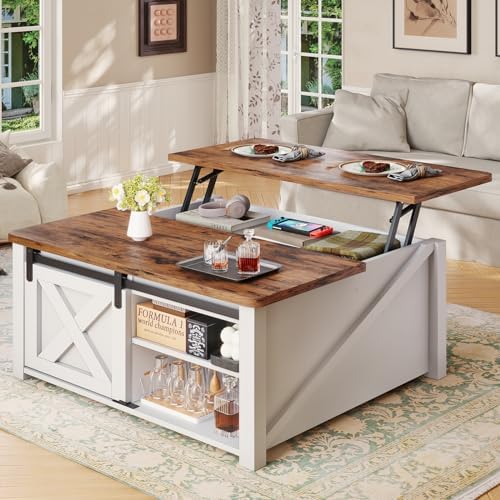 SEDETA 31.5" Lift Top Coffee Table with Storage, Square Coffee Tables for Living Room, Farmhouse Coffee Table with Large Hidden Storage Compartment and Adjustable Shelves, White