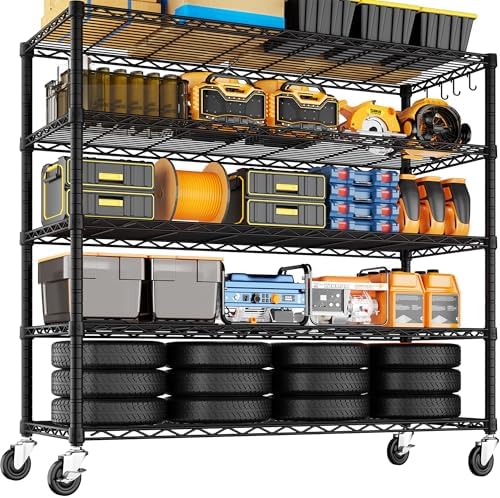 PrimeZone 48" W x 24" D x 81" H Heavy Duty Wire Storage Shelves with Wheels, 5 Tier Adjustable NSF Certified Garage Shelving Unit, Rolling Metal Organizer Shelf Utility Rack for Warehouse, Pantry