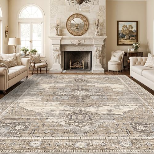 RUUGME Living Room 10x14 Area Rugs - Washable Lightweight Area Rug Stain Resistant Carpet Vintage Soft Rugs for Bedroom with Non Slip Backing Indoor Ultra-Thin Rugs Home Decor 10x14 Beige