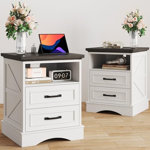 24" Tall Farmhouse Nightstands Set of 2, Night Stands with Charging Station, Beside Tables with Drawers and Open Storage, Rustic End Tables for Bedroom, Antique White