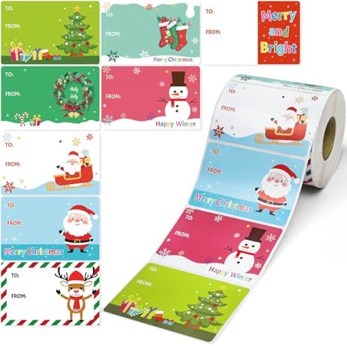 500 PCS Christmas Gift Tags, Self Adhesive Santa Claus Stickers, Festive Holiday Name Labels for Wrapping Paper Presents Decor, 8 Designs