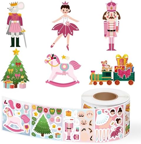 300Pcs Nutcracker Ballerina Make a Face Stickers Scene Roll Christmas Soldier Ballet Dancer Make Your Own Stickers Pink Xmas Winter Holiday DIY Crafts Party Favors Gift for Kids Students, 6 Designs