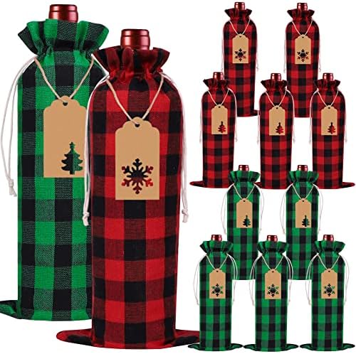 DULEFUN 12pcs Christmas Wine Burlap Bags, Xmas Wine's Bags Classic Buffalo Plaid Wine Bottle Bags Reusable Burlap Xmas wine Bottle Covers Clothes for Christmas New Year Wedding Holiday Parties