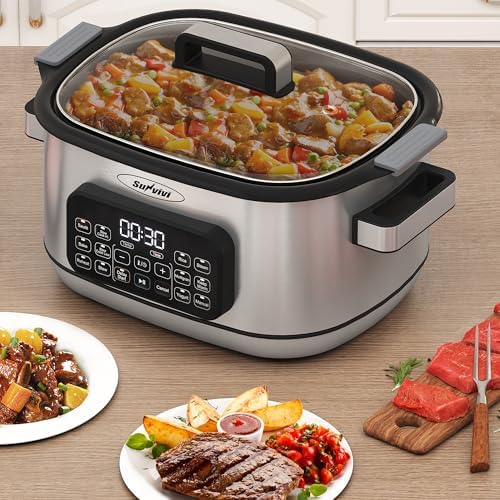 Sunvivi 12-in-1 Multi Slow Cooker Roaster Oven, 6.5QT Sliver Digital Programmable Slow Cooker with Rack, Large Removable Nonstick Crock, Glass Lid, Multicooker with Timer Temp Control, Delay Start
