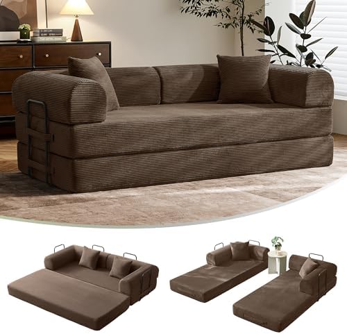 79" Convertible Sofa Bed with Fixed-Shape Frame & Removable Armrests, Modular Corduroy Sleeper Sofa, Folding Mattress Couch for Small Spaces - No Assembly Needed in Brown (Includes 2 Pillows)