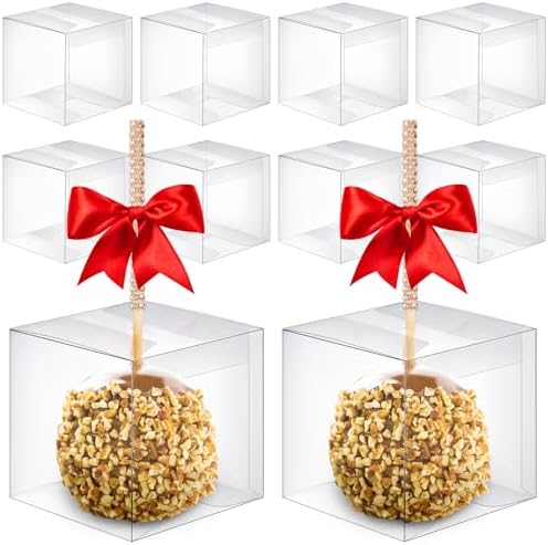 Juexica 50 Pcs Candy Apple Boxes with Hole 4 x 4 x 4 inch Caramel Apple Container Treat Gift Boxes for Wedding Harvest Party Christmas Chocolates Cookies Cake Pops (Clear)