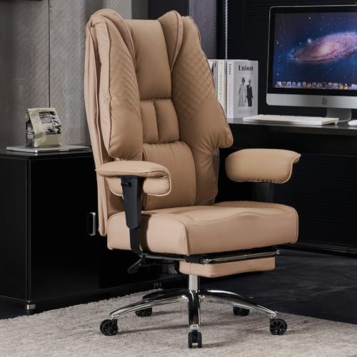 Big and Tall Office Chair 400lbs Wide Seat, Leather High Back Executive Office Chair with Foot Rest, Ergonomic Chairs Lumbar Support for Lower Back Pain Relief (Brown)