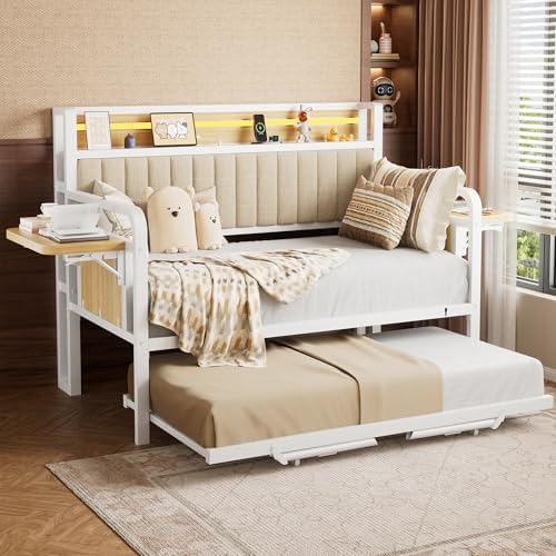 Daybed with Trundle and LED Light, Heavy Duty Metal Twin Bed Frame with Upholstered Storage Headboard & Charging Station, Day Bed Pop Up Trundle Bed Twin for Living Room,Bedroom and Guest Room, White