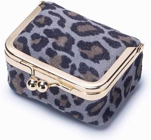 Genuine Leather mini Jewelry box, Portable Travel Jewelry case - Vintage mini Organizer with Kiss Lock for Rings, Earrings, Necklace, Bracelet | Gift for Women (Blue Leopard Print L)