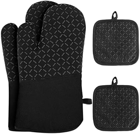 4 Pcs Oven Mitts and Pot Holders,Oven Glove High Heat Resistant 500 Degree,Long Oven Mitts with Recycled Cotton Infill and Silicone Non-Slip Surface for Baking,Kitchen,Cooking(Black)